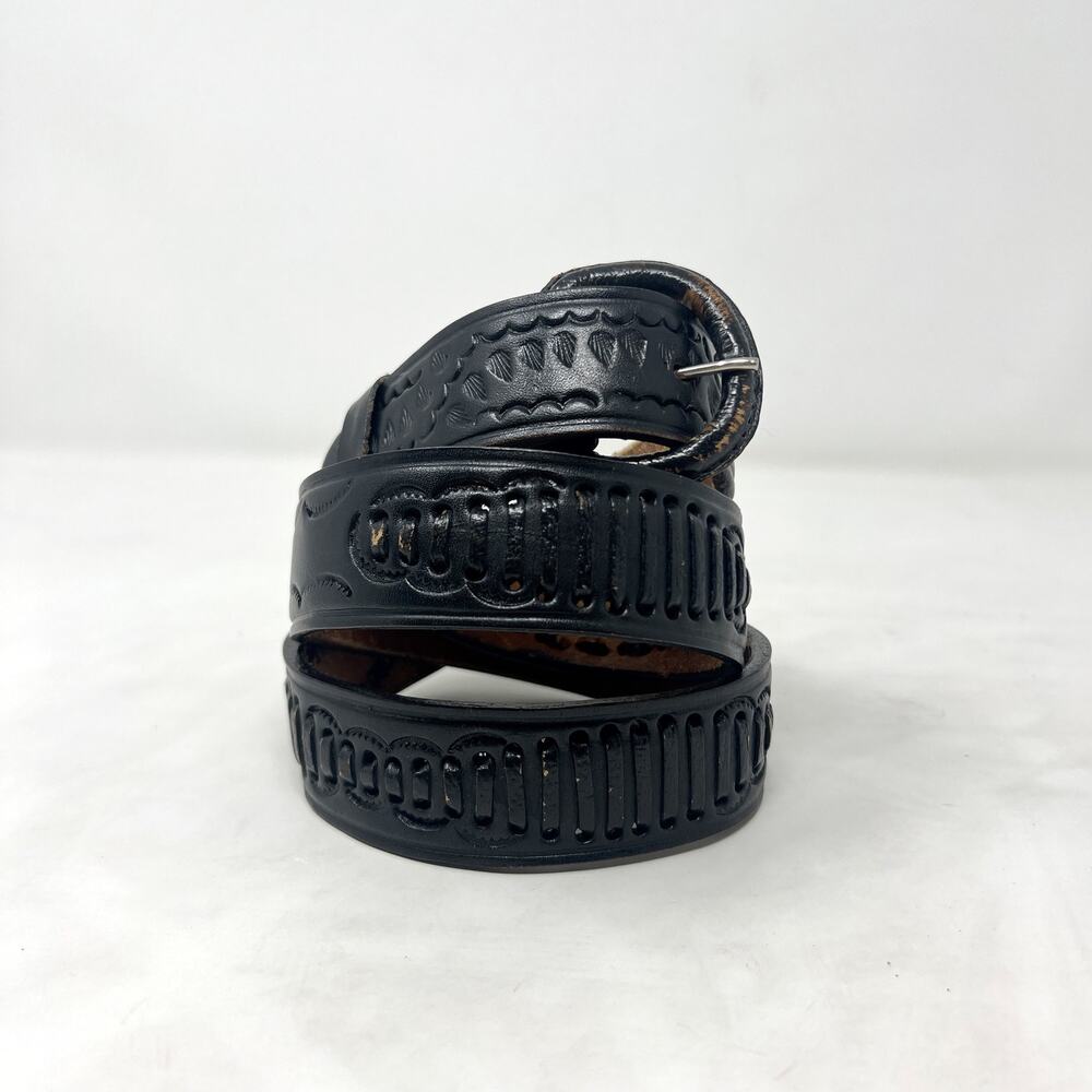 [Vintage] Black Distressed Tooled Leather Belt Size 34"